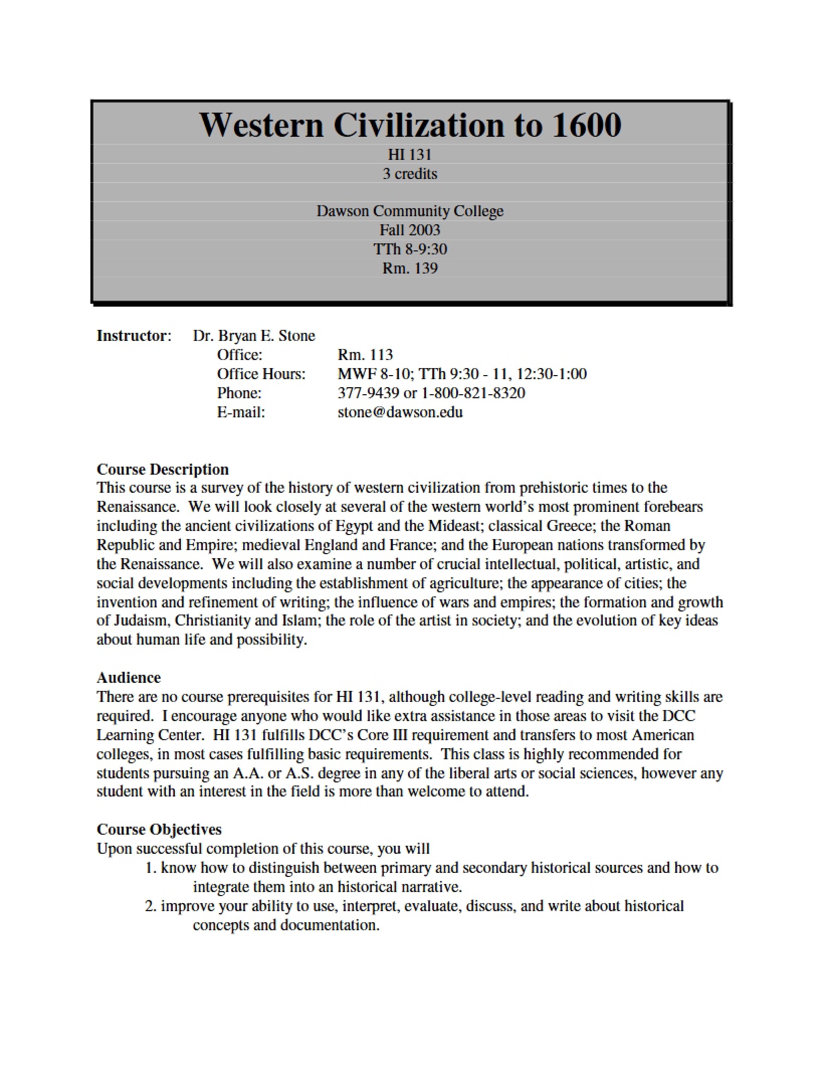 Syllabus for Western Civilization to 1600