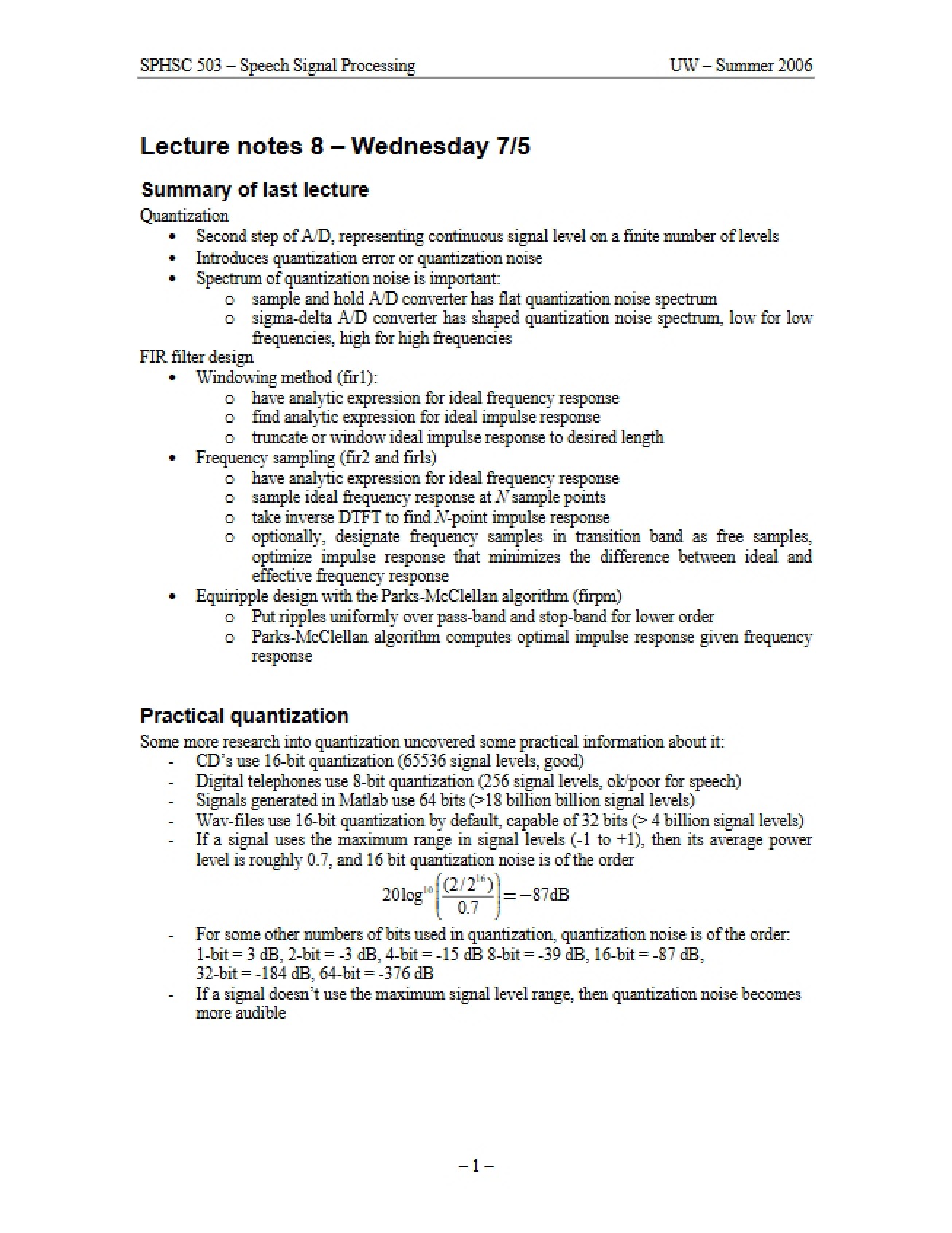 Notes for Lecture 8