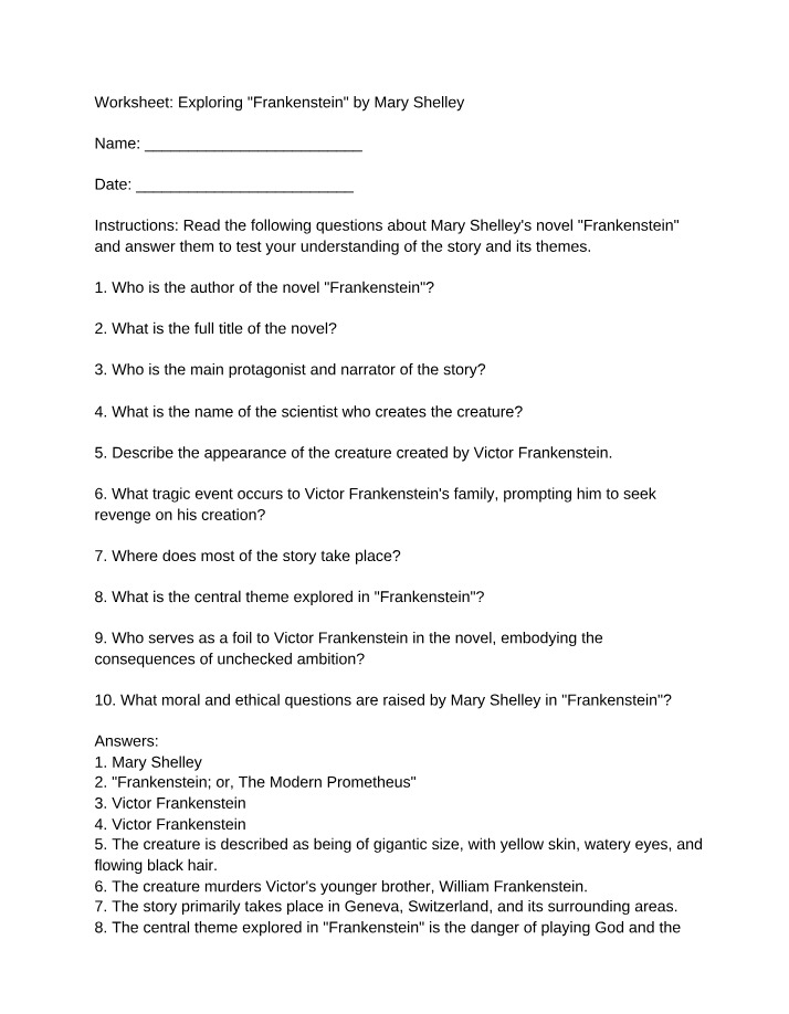Frankenstein by Mary Shelley Worksheet