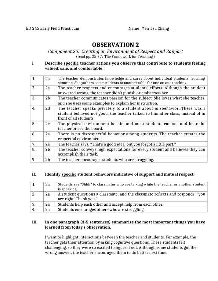 Observations on Creating a Respectful Classroom Environment
