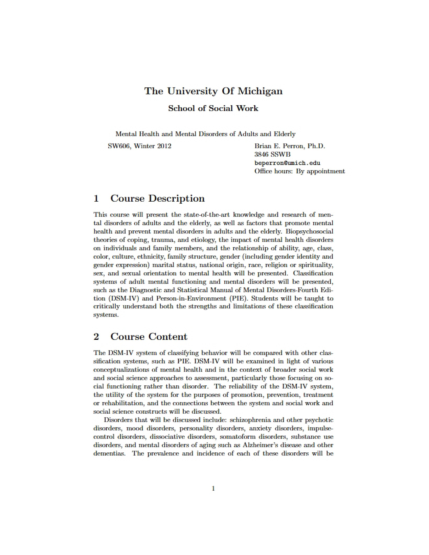 Mental Disorders Course Outline