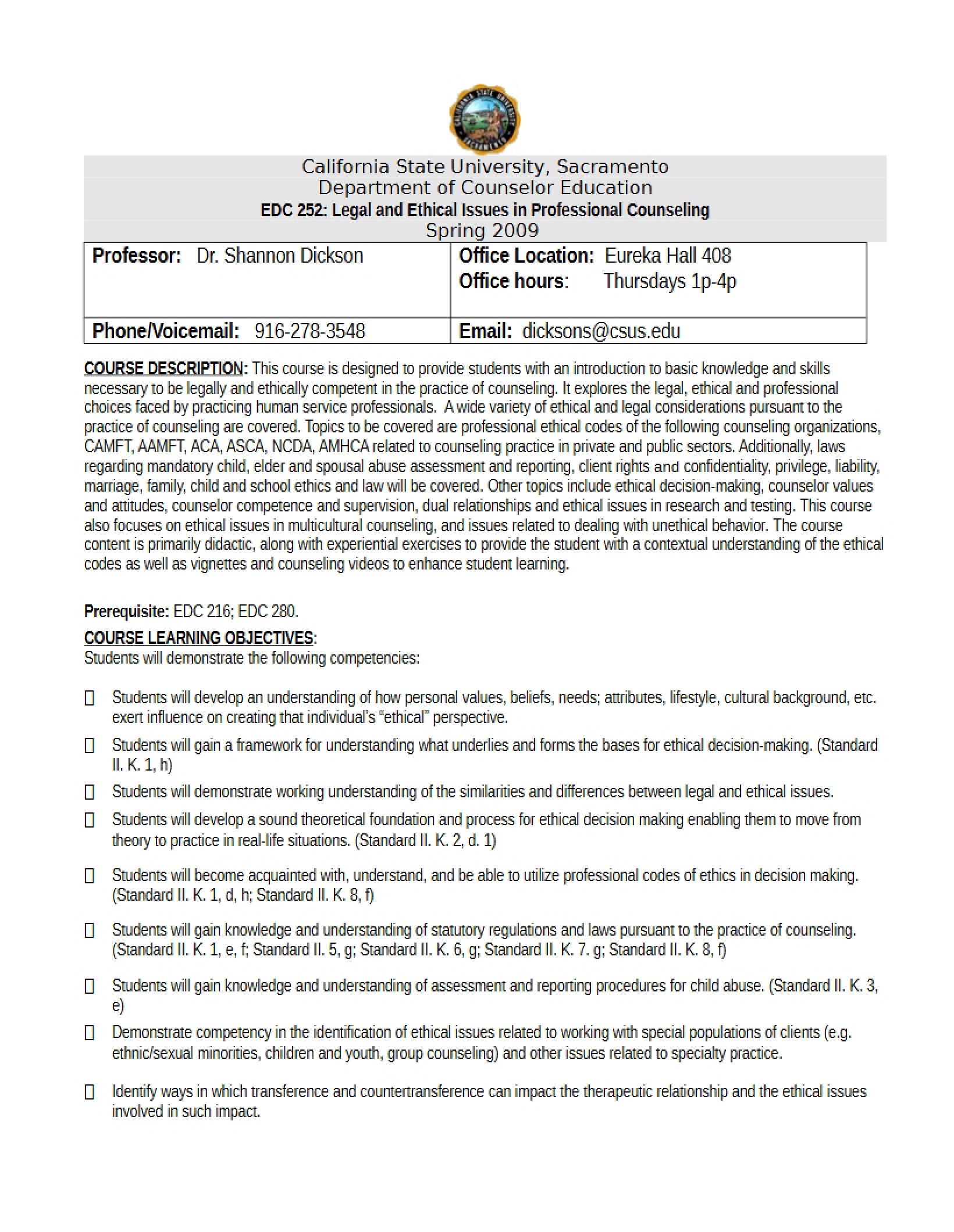 Counseling LegalEthical Issues Syllabus (2009)