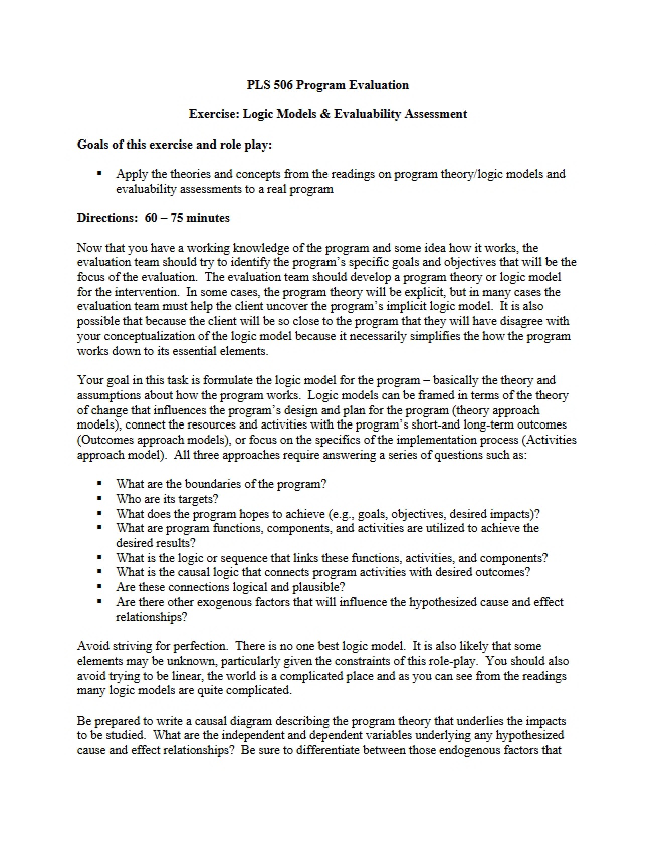 Evaluability Assessment and Logic Models