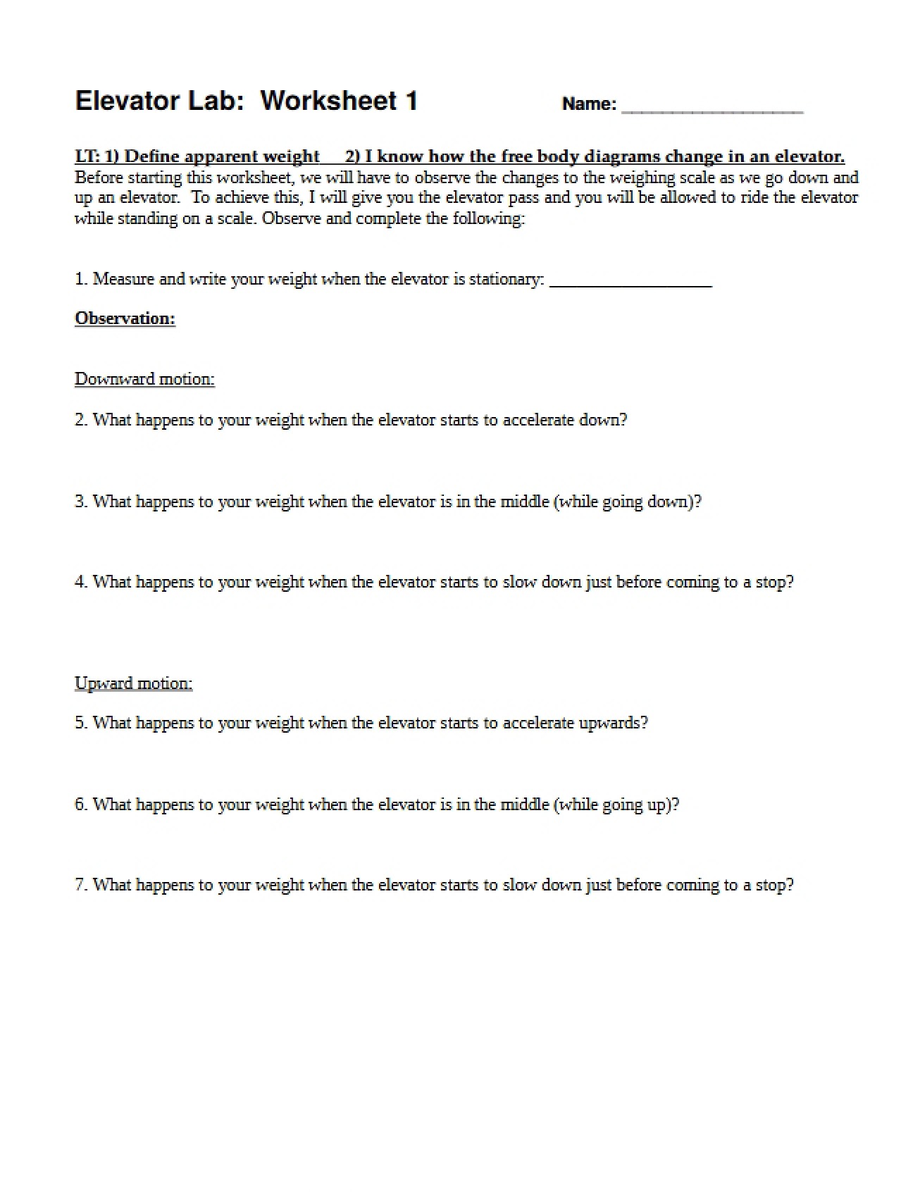 Worksheet One Elevator Problems