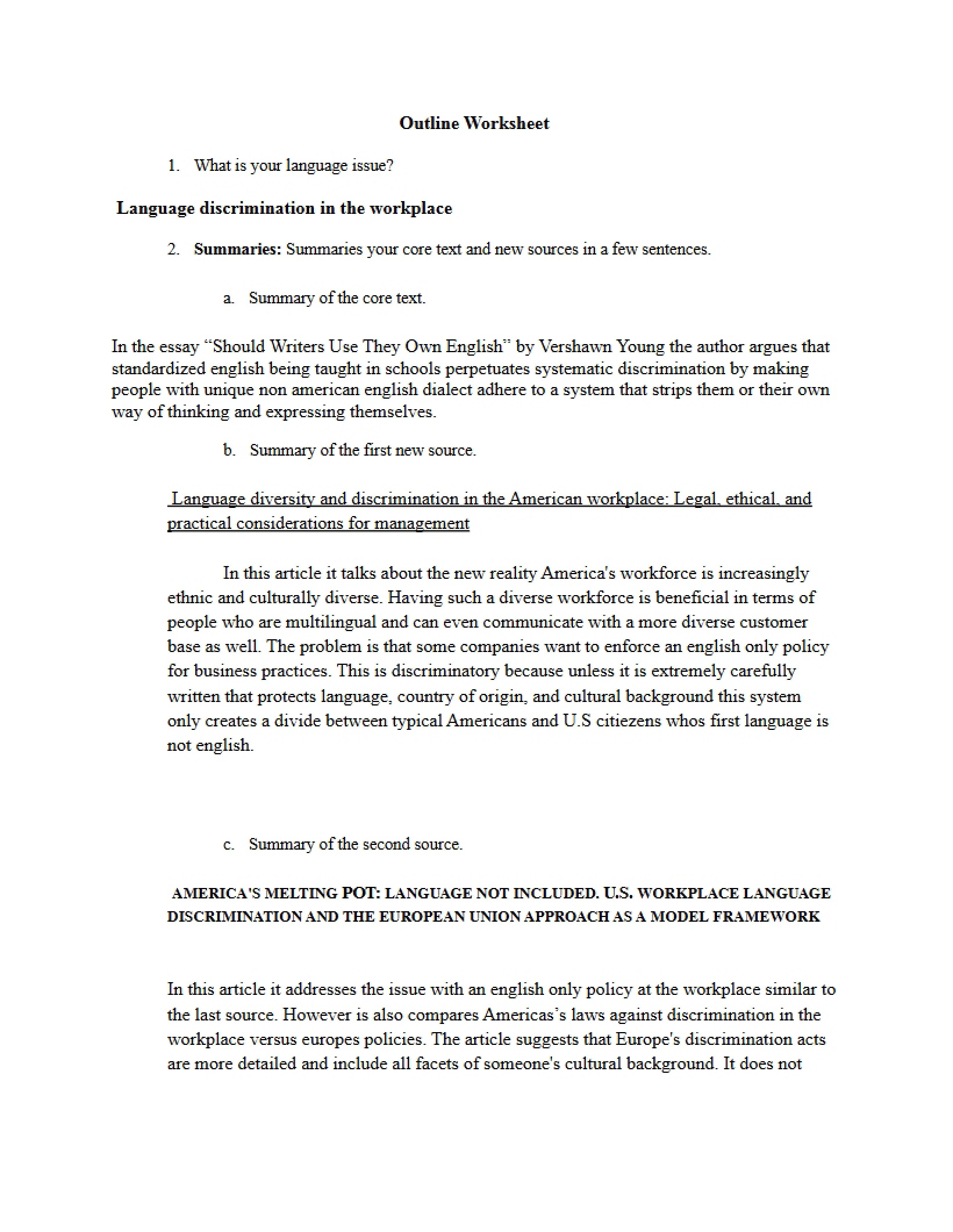Worksheet for Outline
