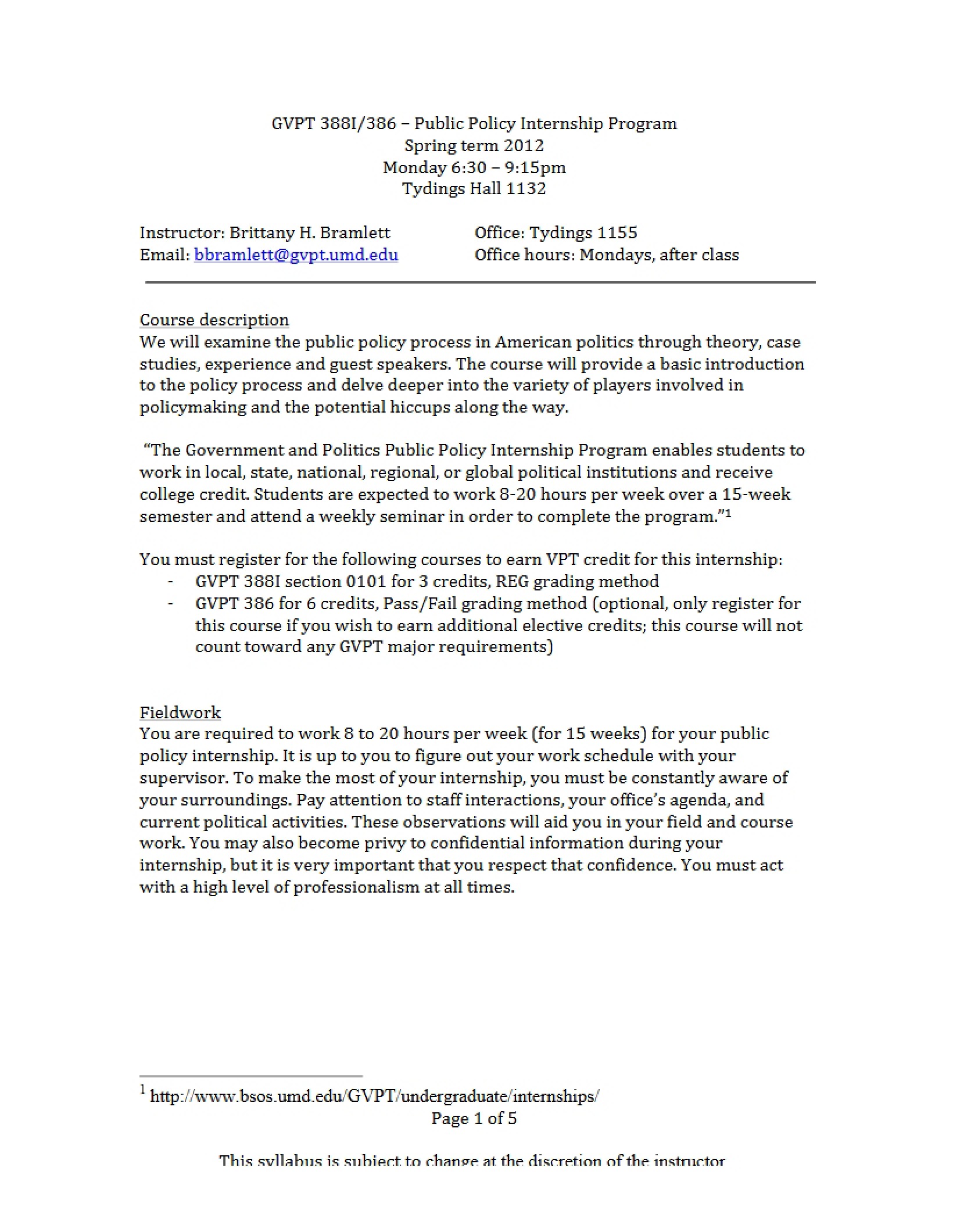Government Internship Course Plan