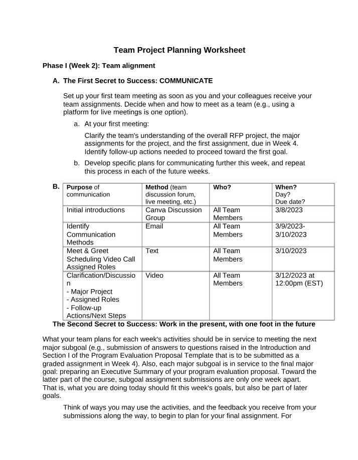Worksheet for Team Project Planning