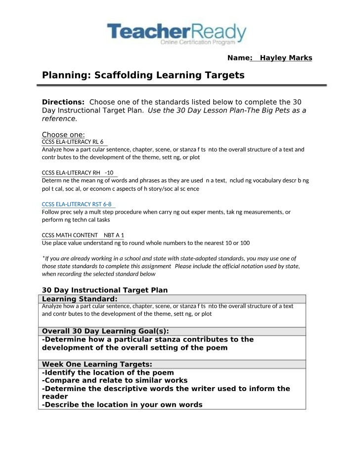 30-Day Instructional Plan for Text Structure and Development