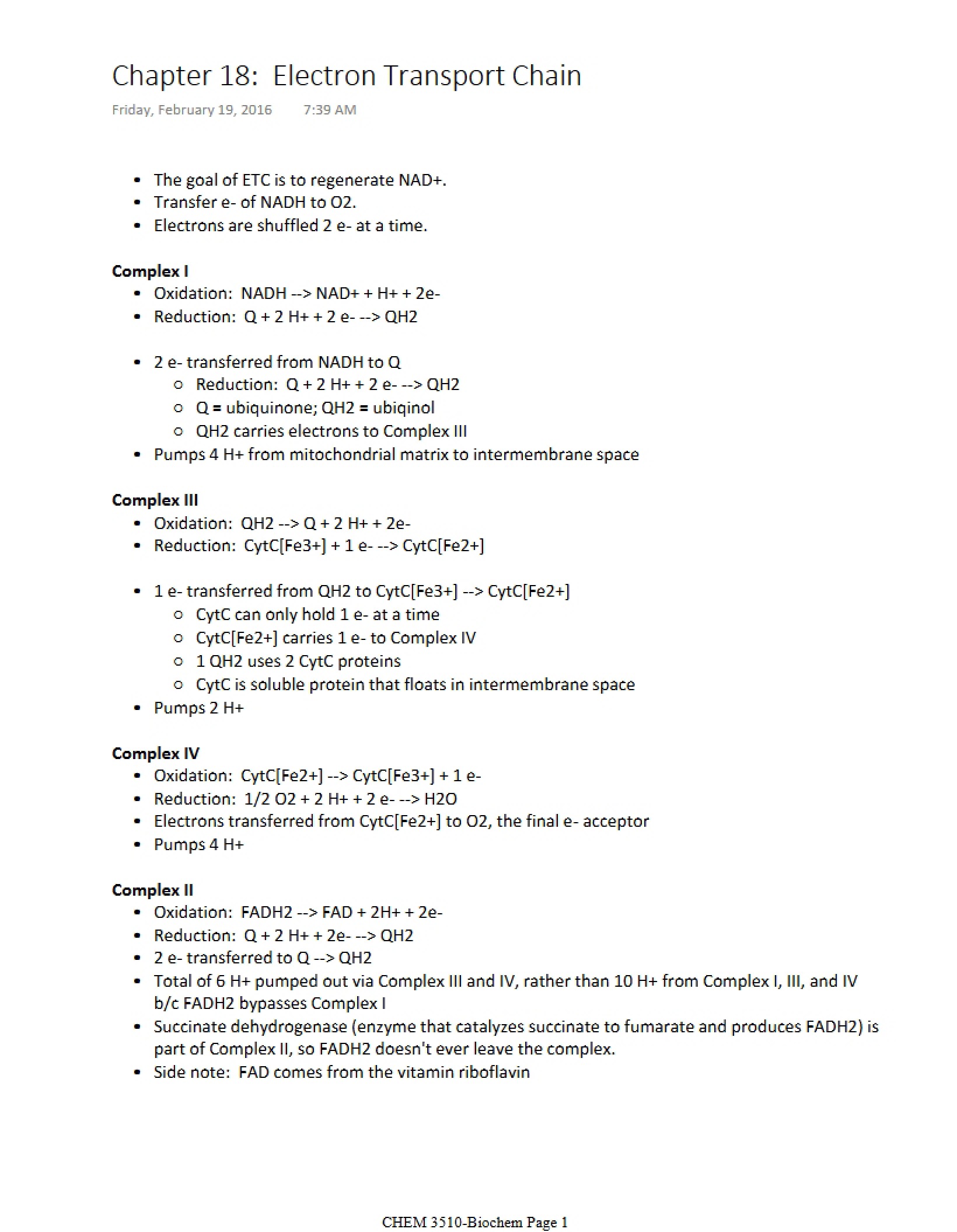 Electron Transport Chain Review (Ch. 18)