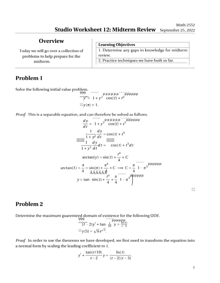 Midterm Review for Studio Worksheet 12