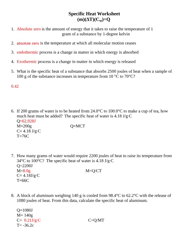 Worksheet on Specific Heat