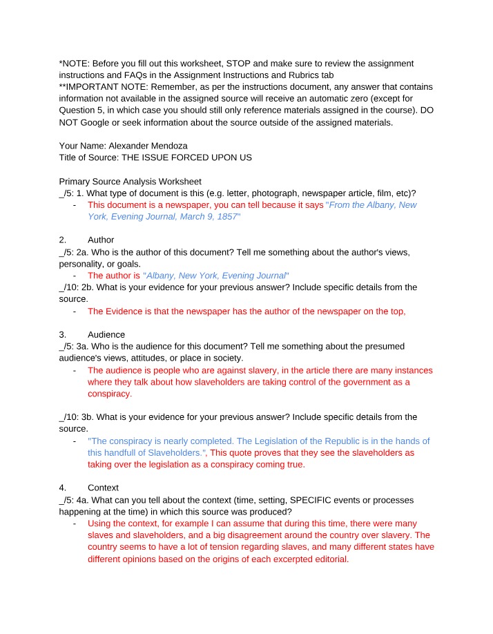 Primary Source Analysis - The Issue Forced Upon Us