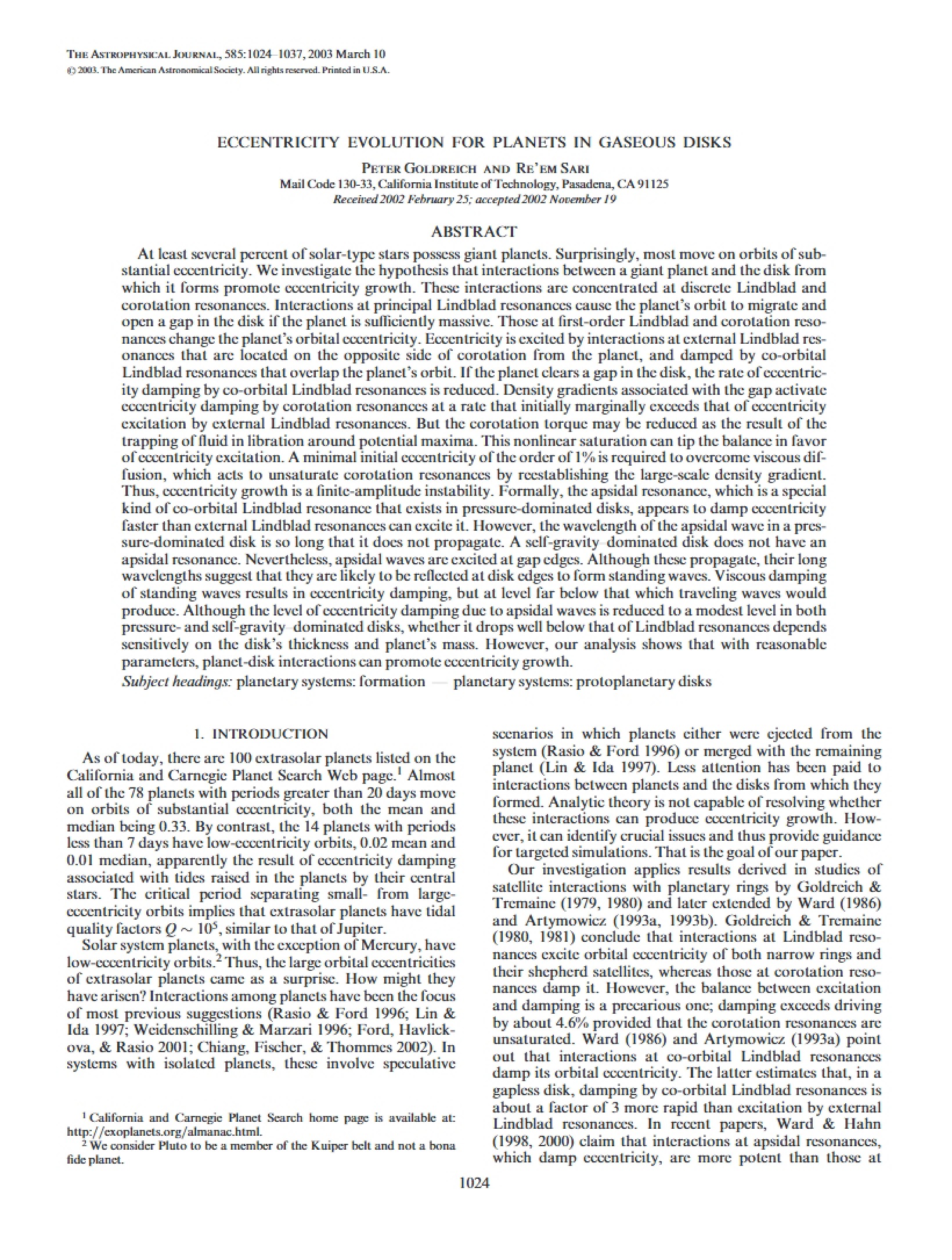 Gaseous Disks and Planetary Eccentricity