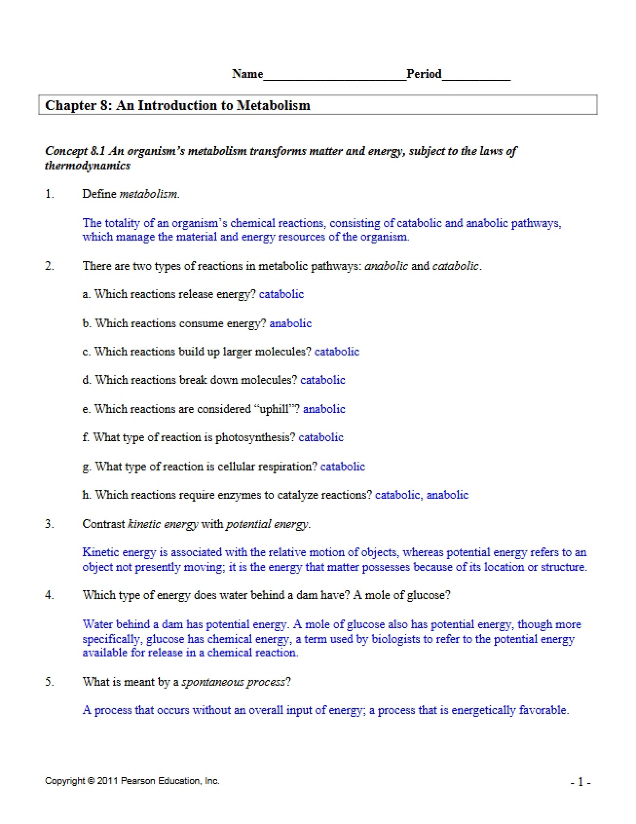 Answers to Active Reading for Chapter 8