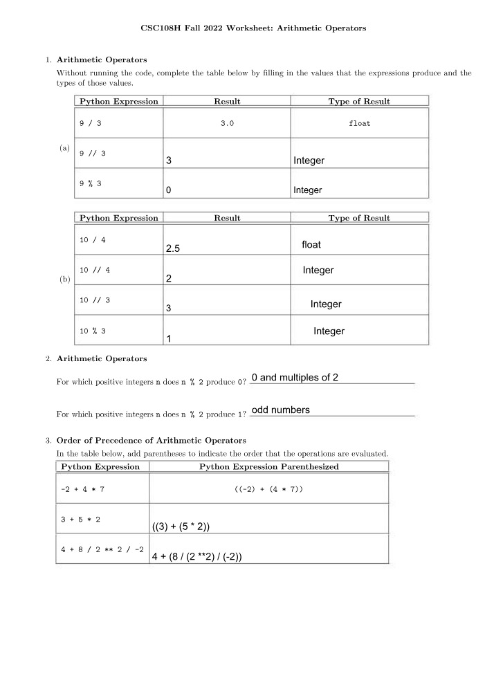 Worksheet on Arithmetic Operators