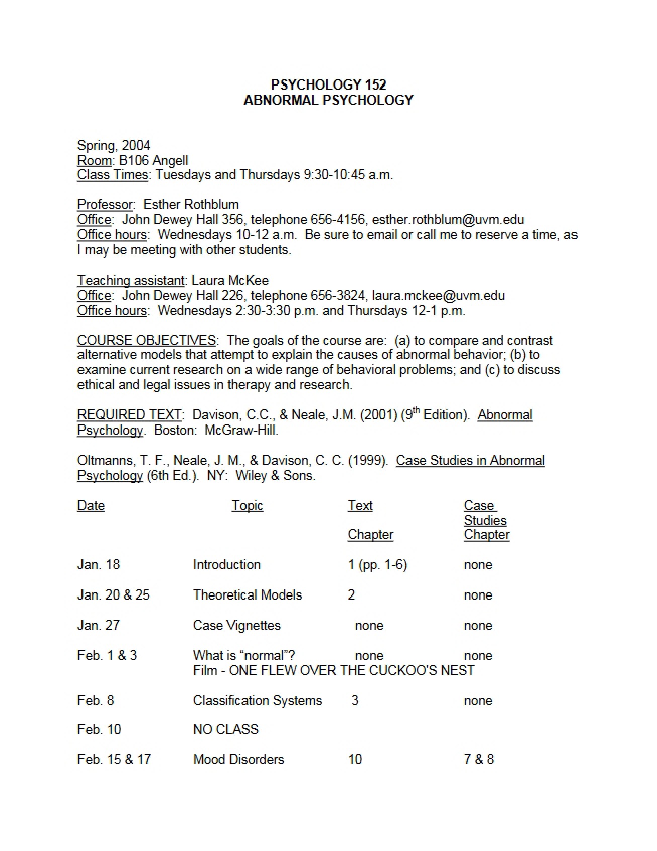 Syllabus of Abnormal Psychology