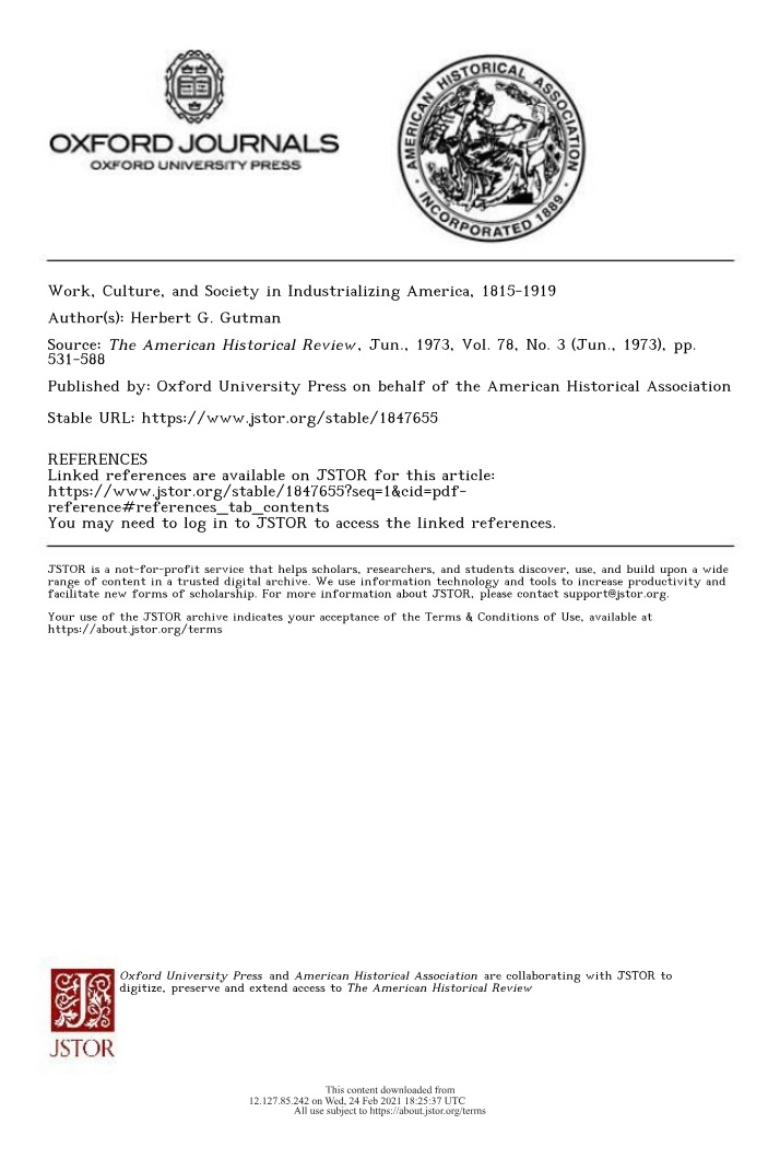 Industrializing America (1815-1919) - Work, Culture, and Society