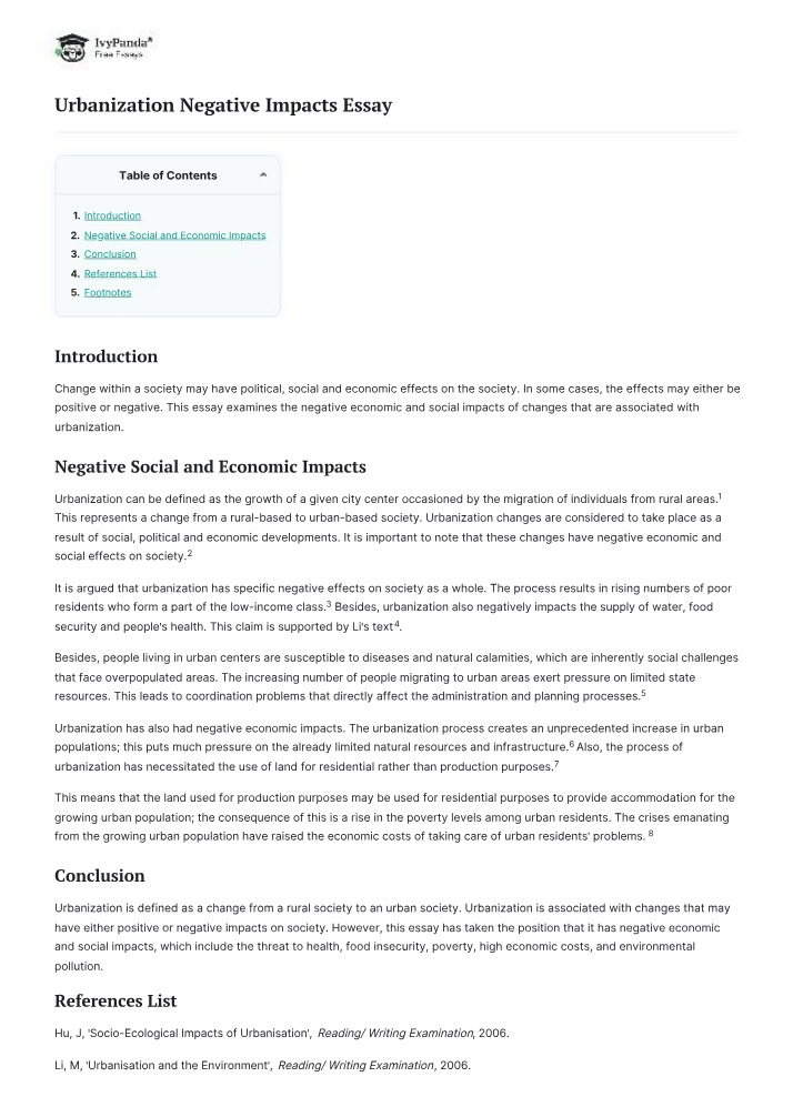 Negative Impacts of Urbanization - Essay