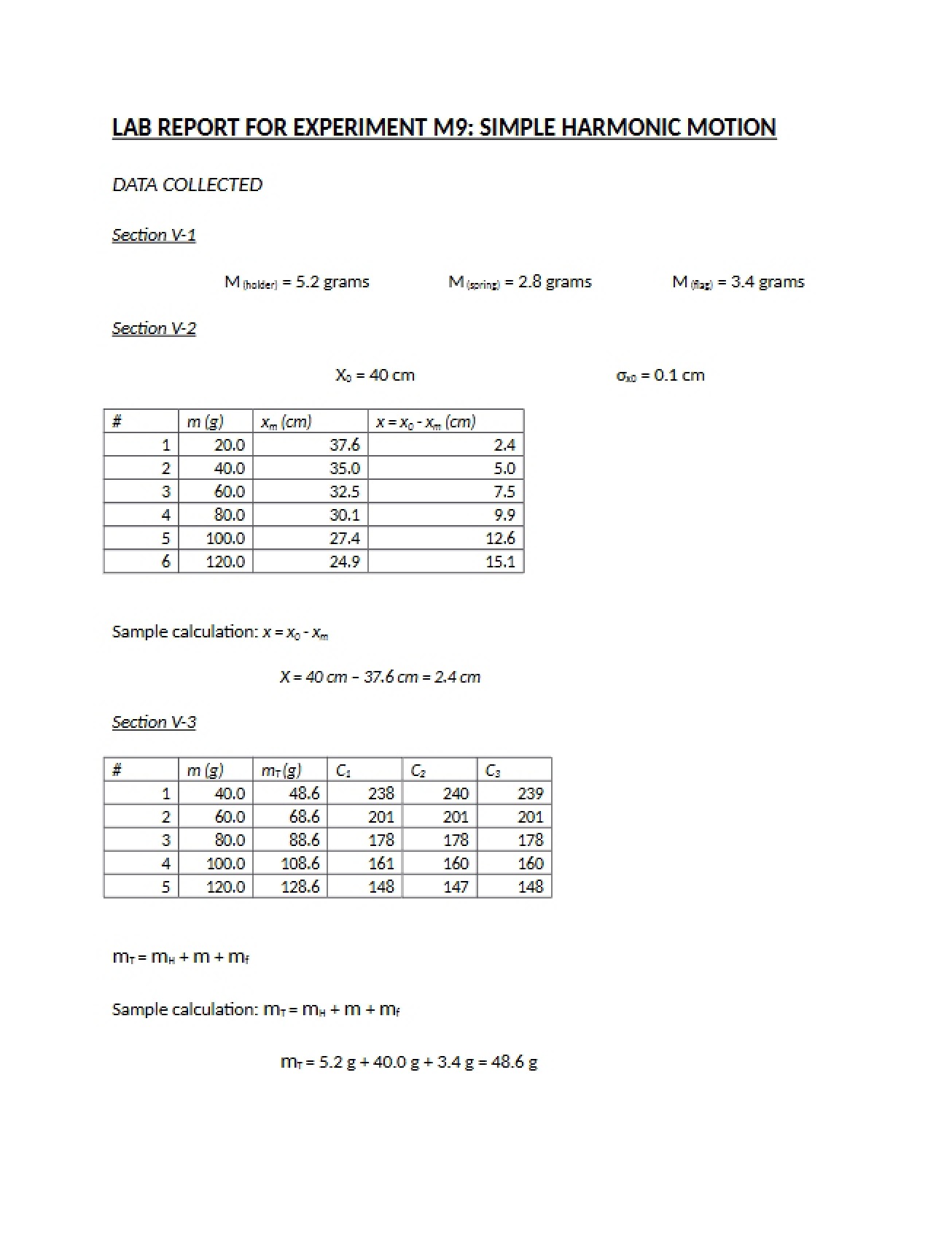 Simple Harmonic Motion Experiment M9 Report