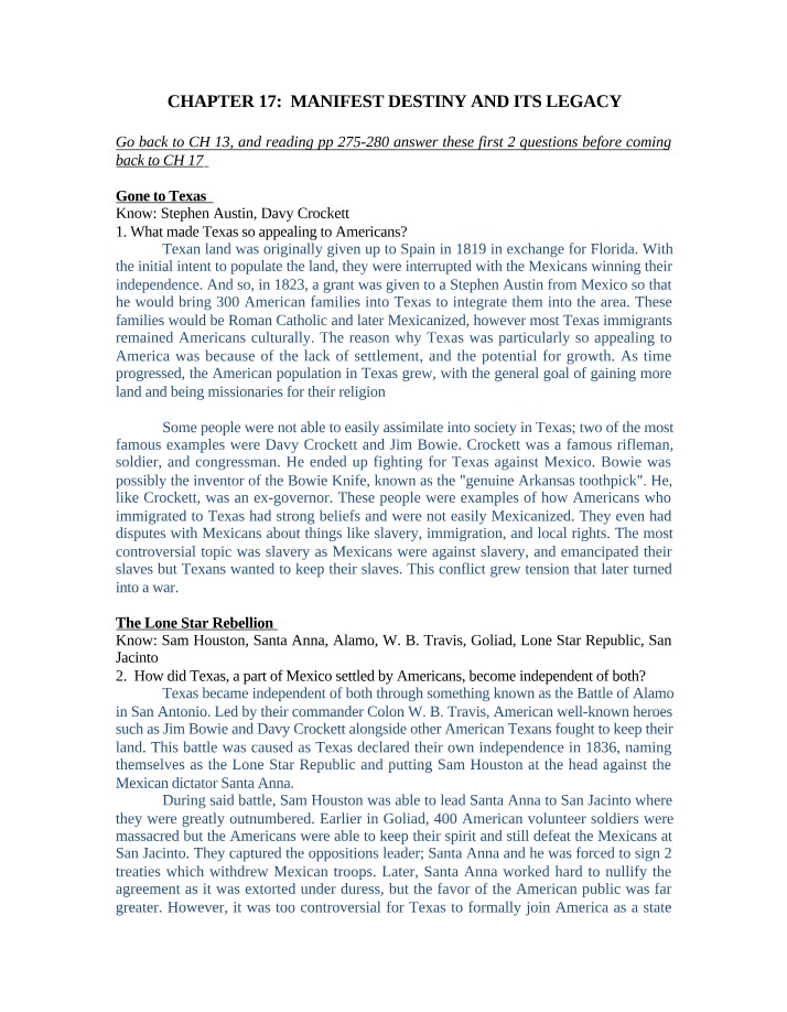 Manifest Destiny - Texas Appeal, Assimilation, and Legacy