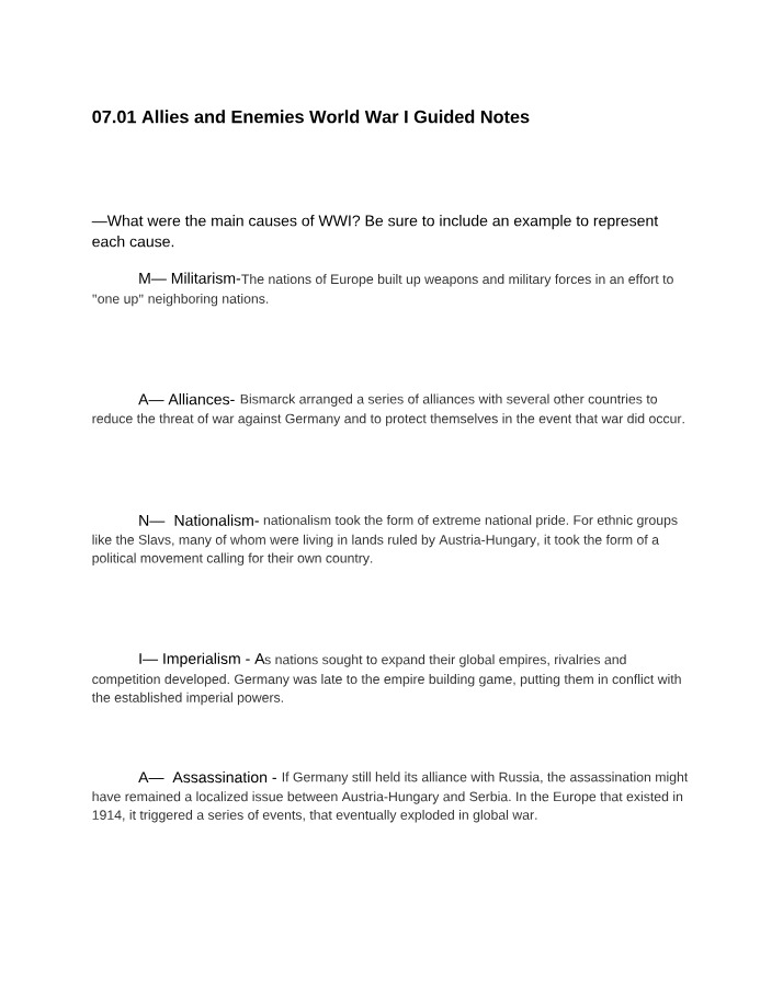 Militarism, Alliances, and Nationalism - Causes of World War I