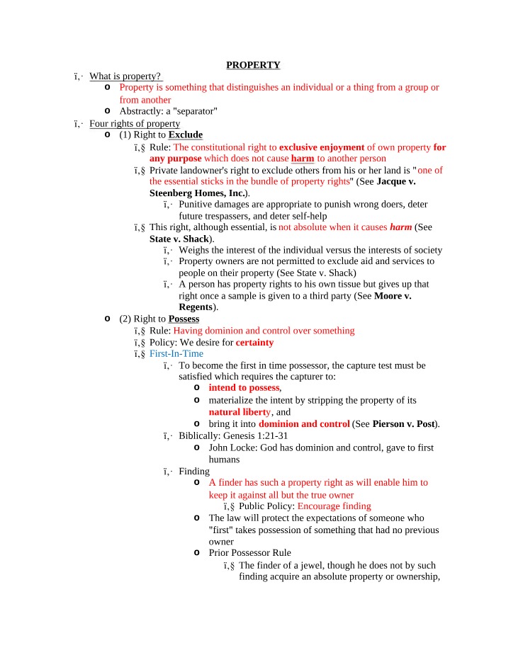 Property Rights Notes - Exclusion and Possession