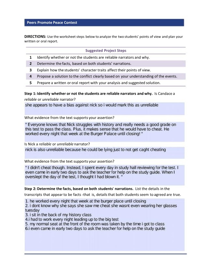 Worksheet for the Peers Promote Peace Contest