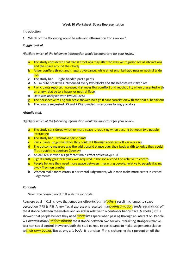 Space Representation Worksheet (Week 10)