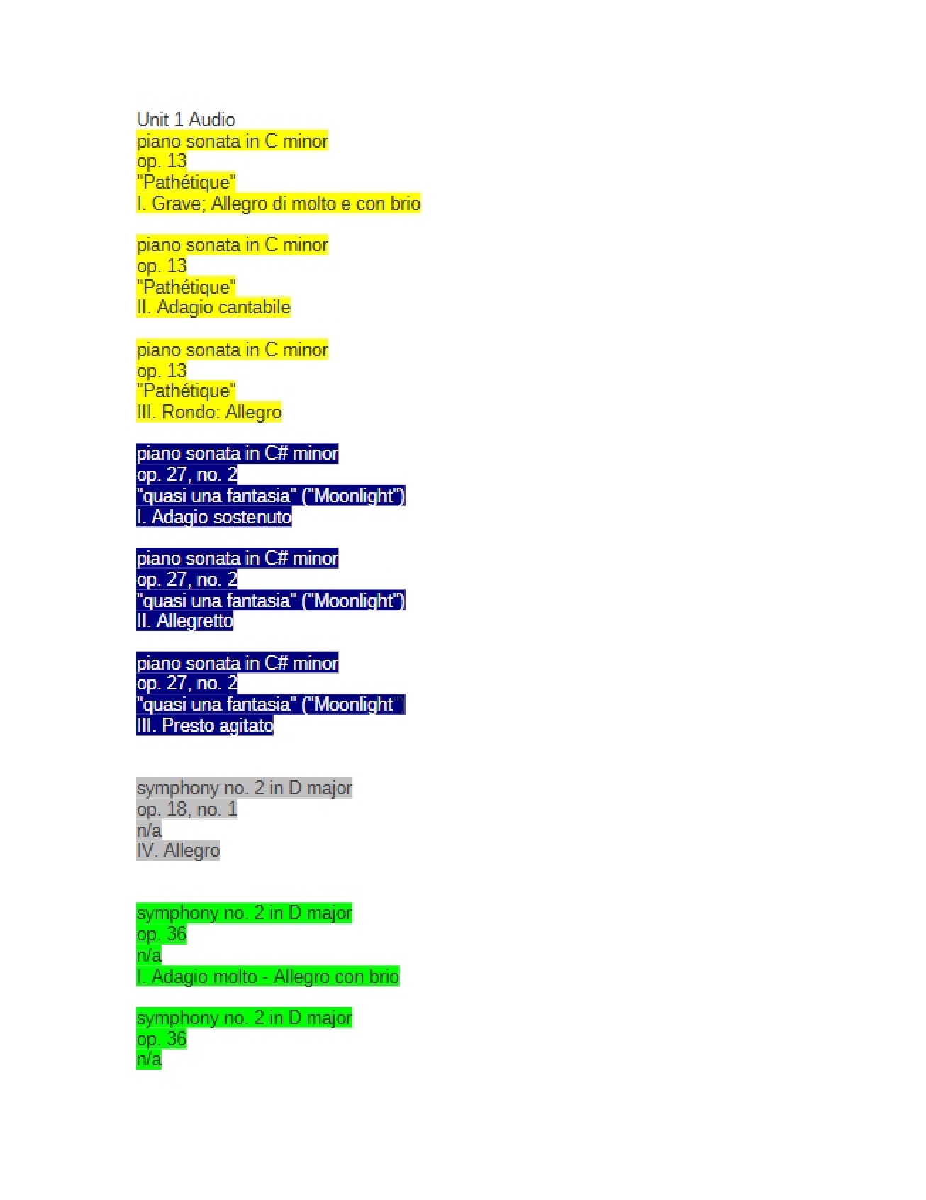 Audio Resources for Unit One