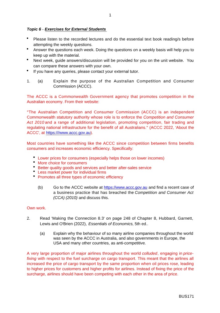 Answers for Topic 6 Exercises - BUS171 External Students