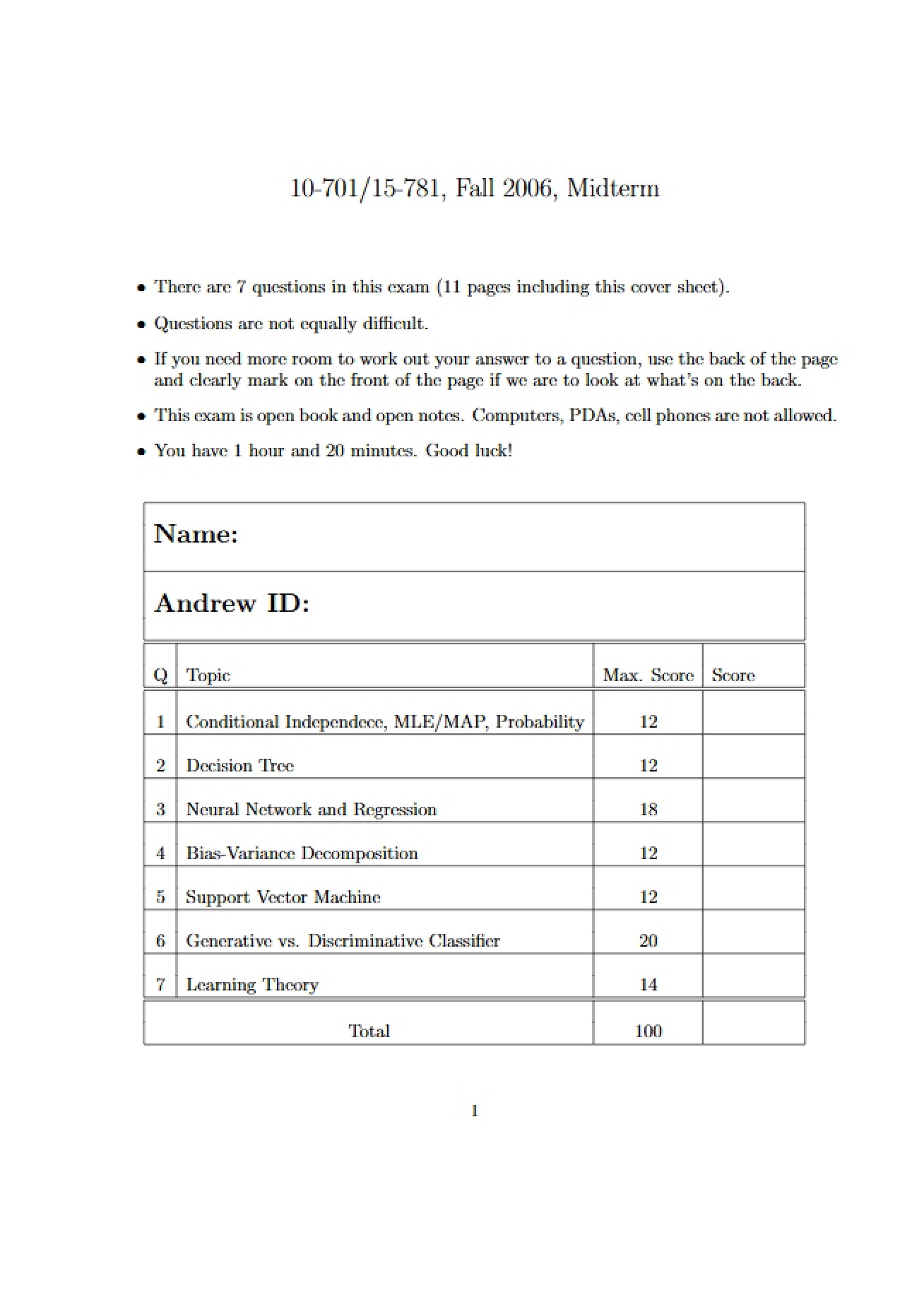 Examination for Midterm