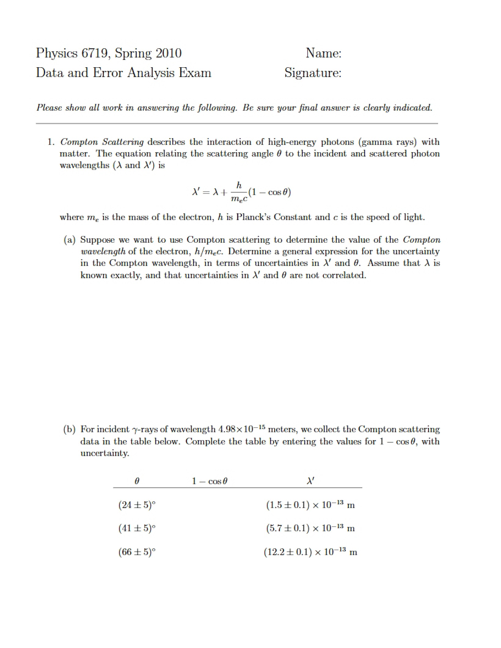 Exam on Data and Error Analysis
