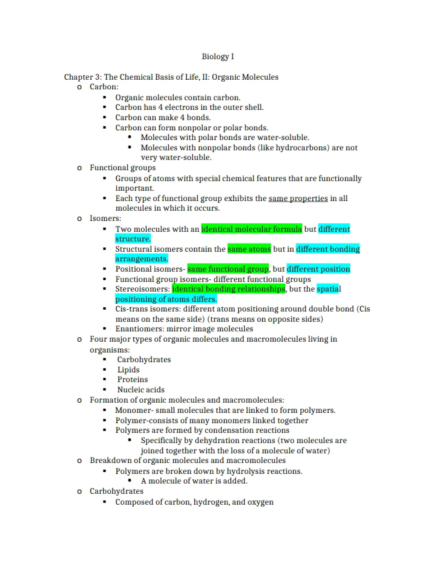 Organic Molecules (Chemical Basis of Life II) Chapter 3