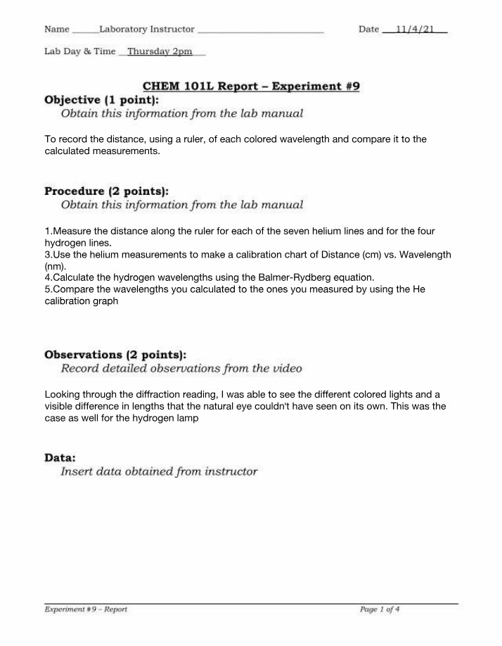 Experiment #9 Report for CHEM 101L