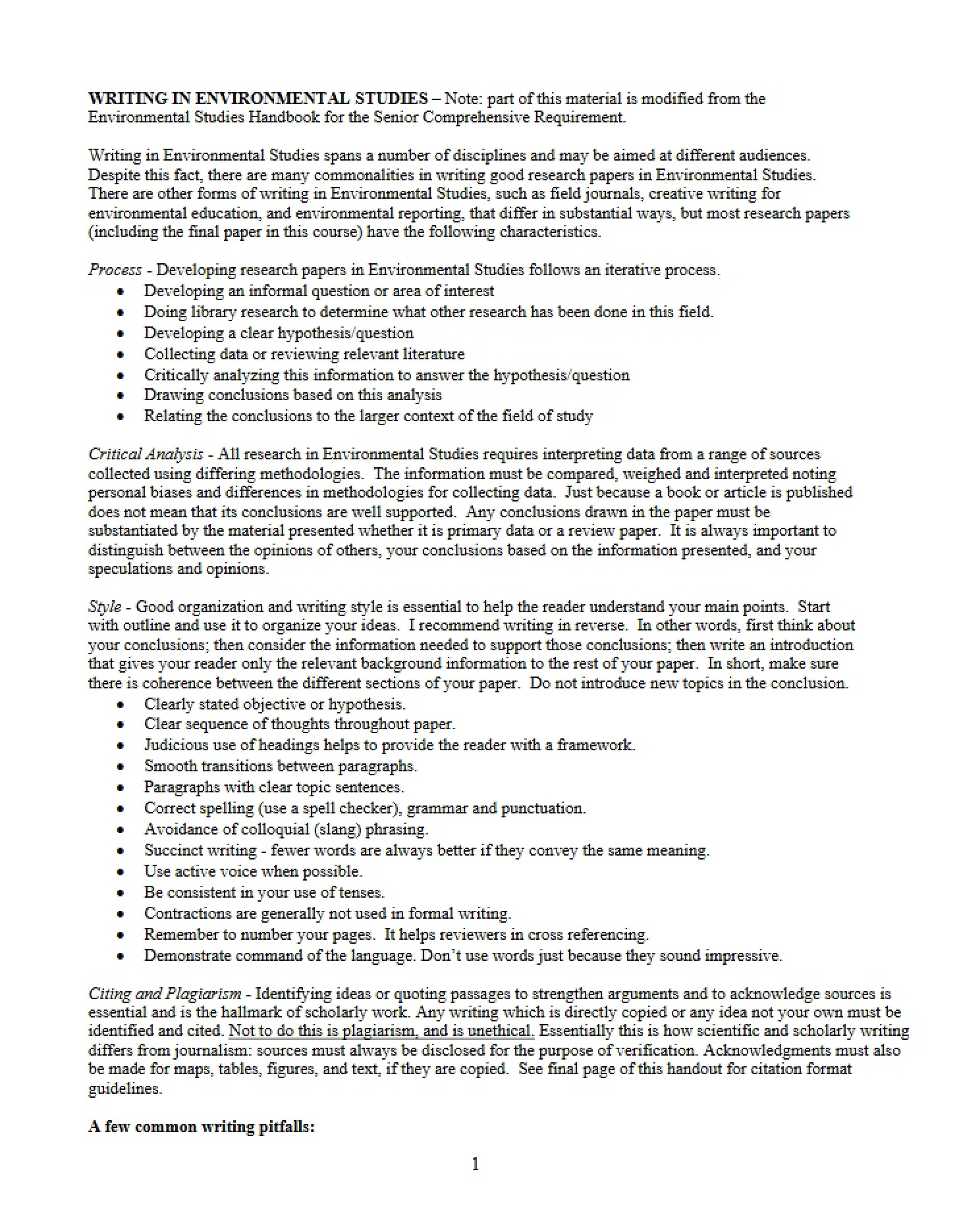 Environmental Studies Writing