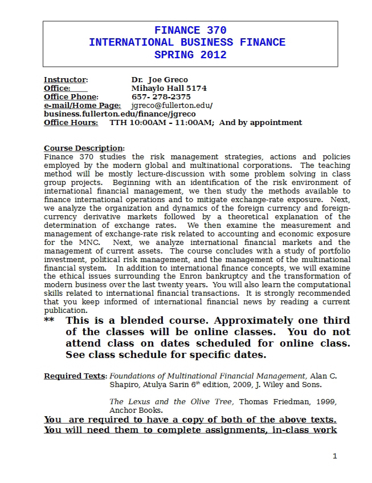 Course Description for International Finance