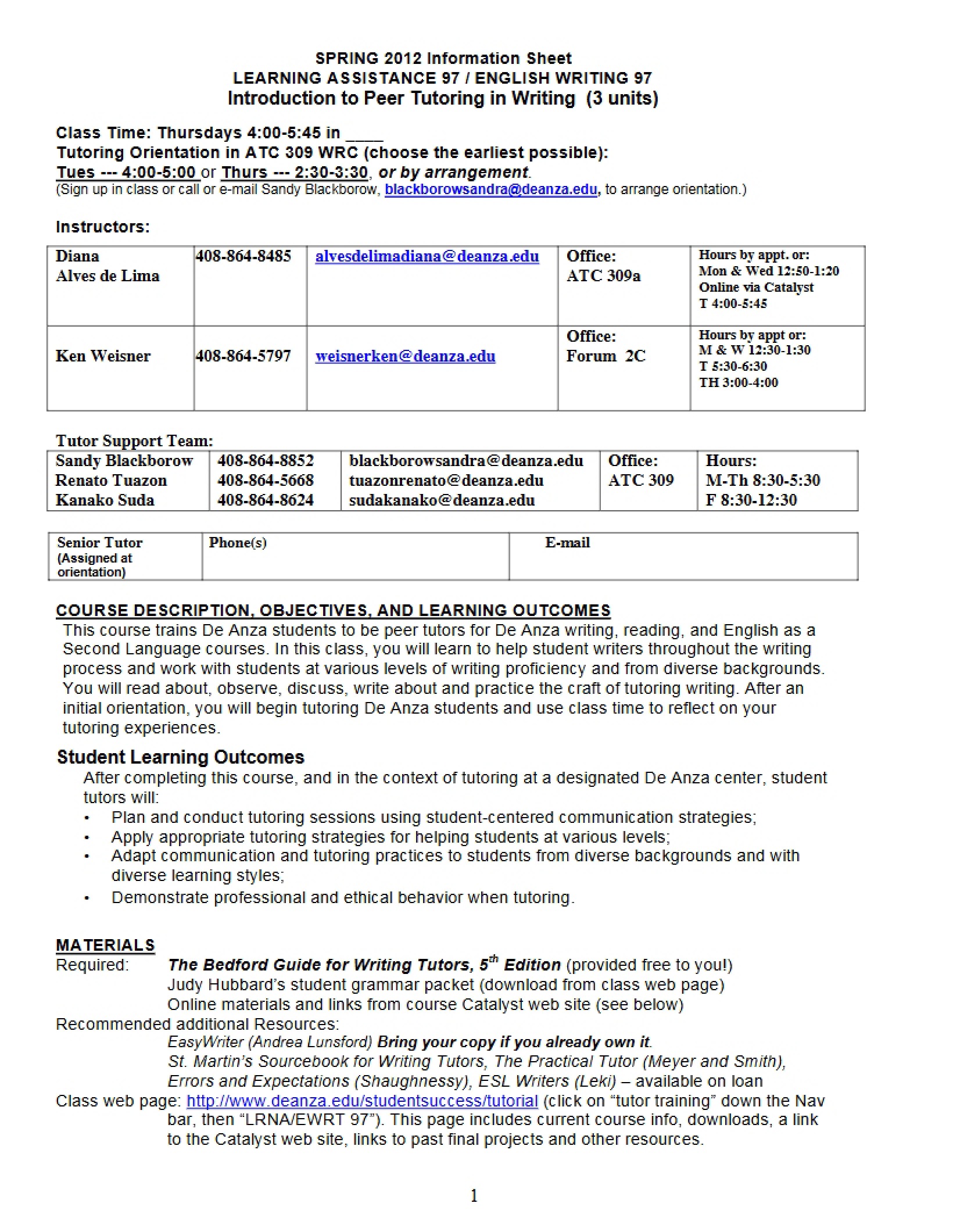 Information Sheet (Spring 2012 Week 1)