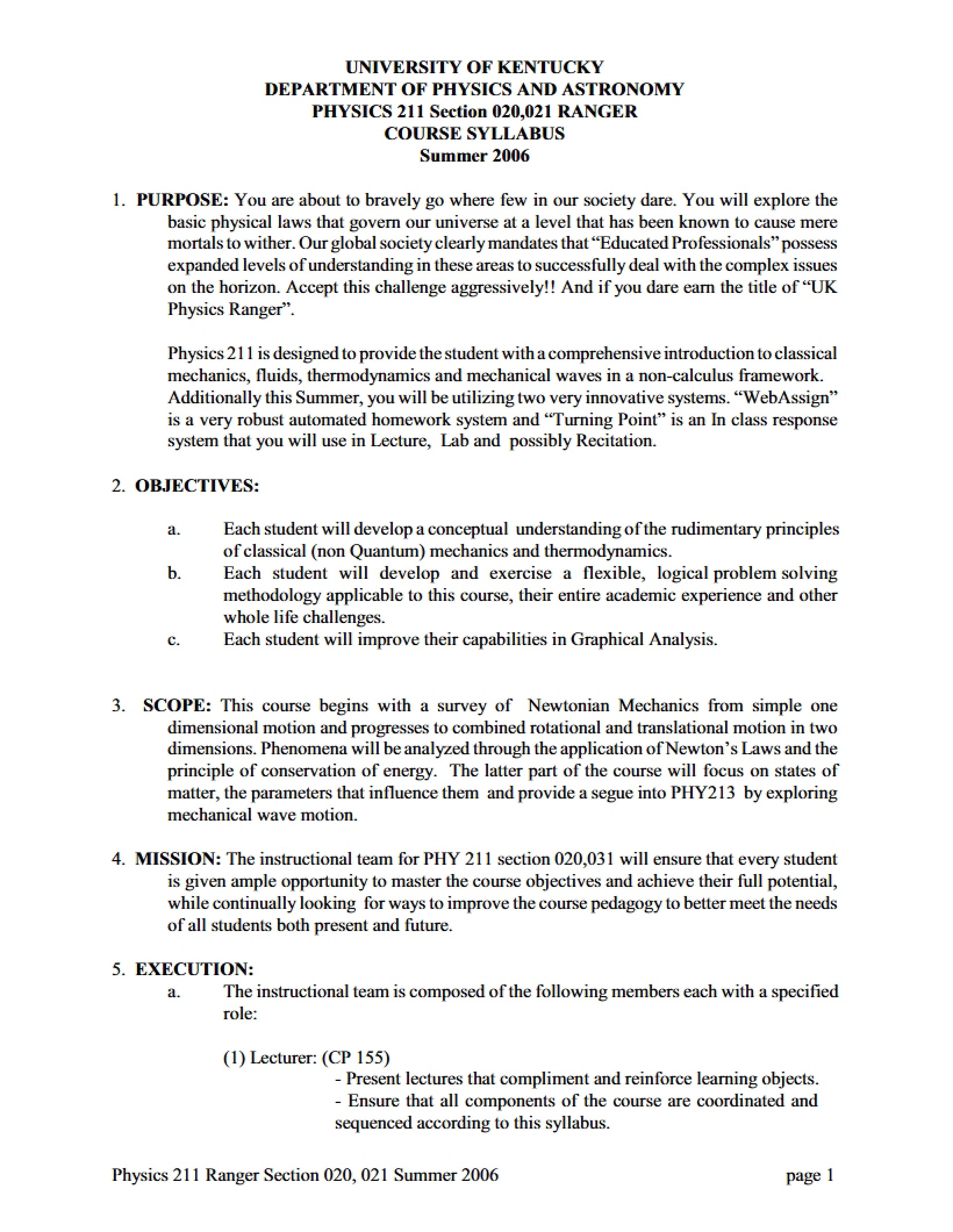 Syllabus for PHY 211 - General Physics