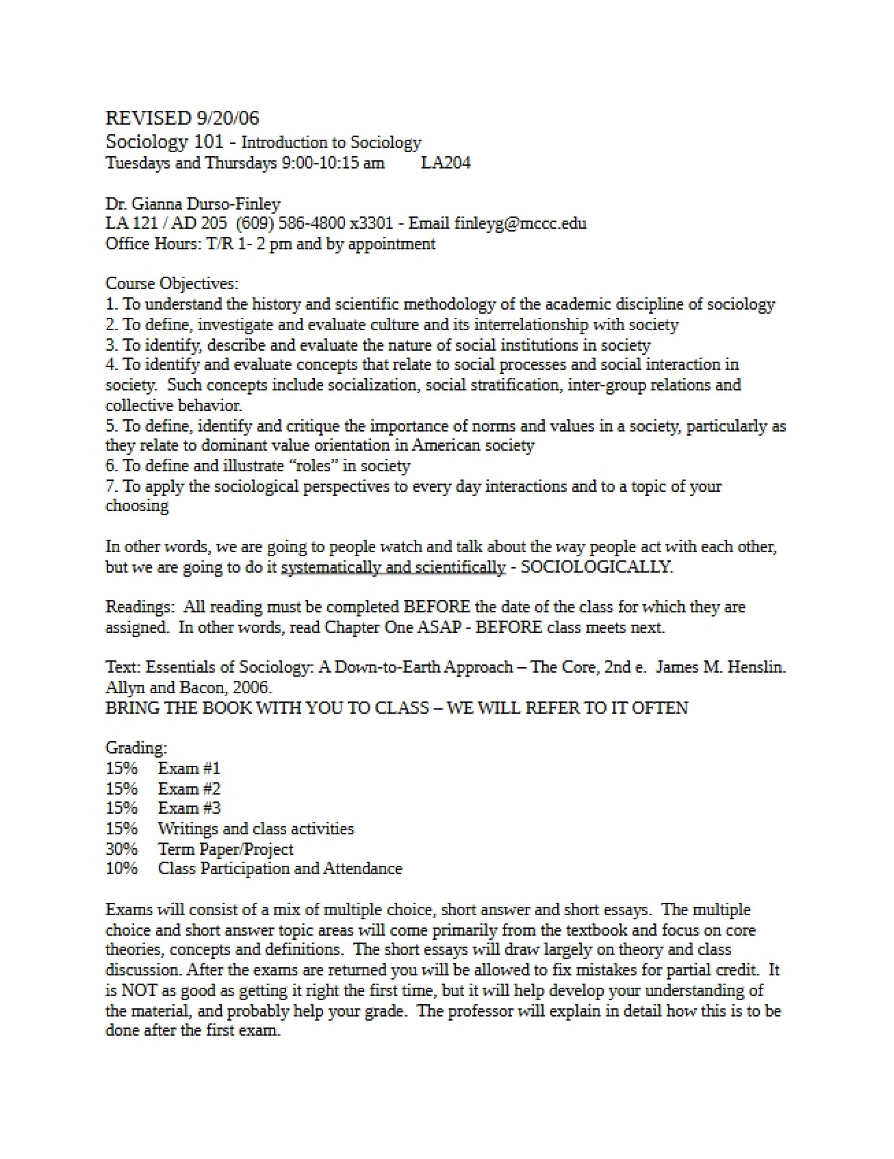 Revised Syllabus Sociology 101