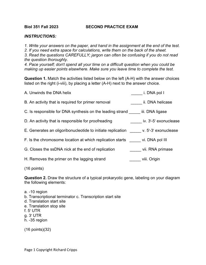 Second Practice Exam - Biol 351 Fall 2023