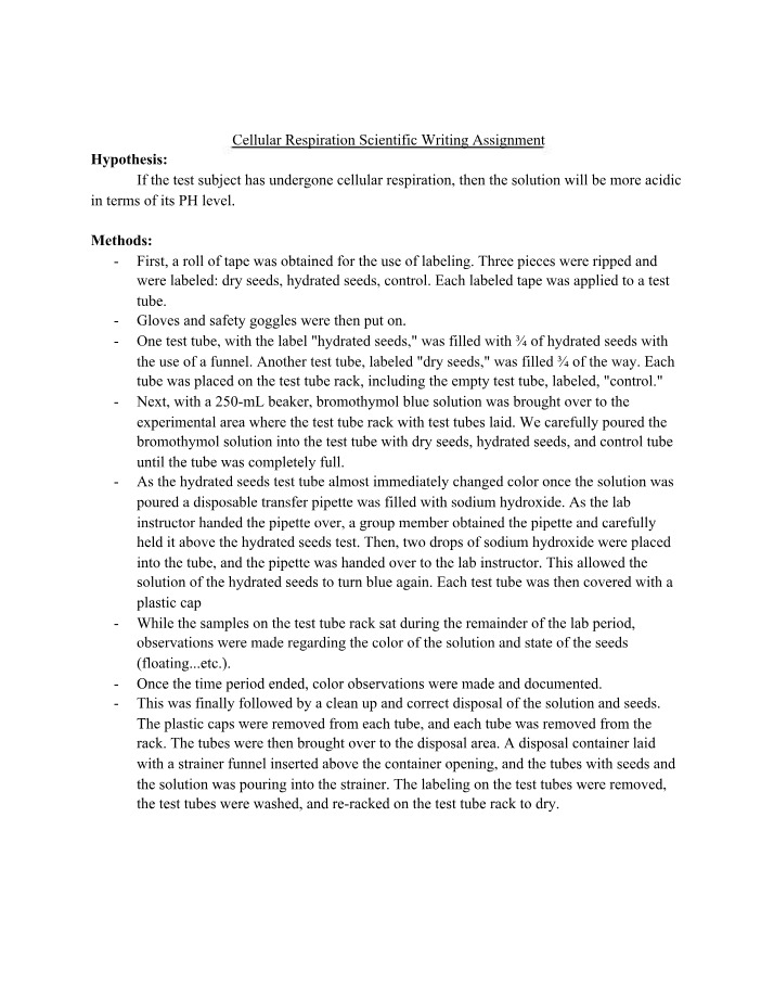 Writing Assignment on Cellular Respiration