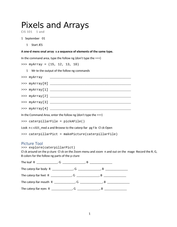 CIS 101 Lab - Pixels and Arrays