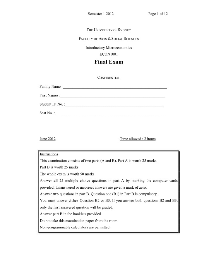 Final Exam Review and Instructions - Introductory Microeconomics