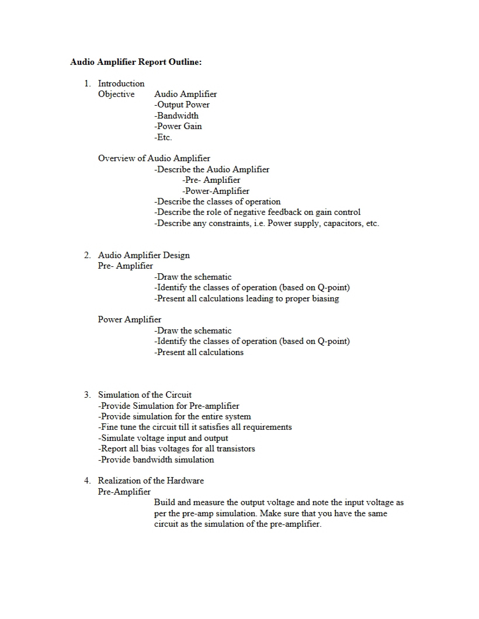 Outline for Audio Amplifier Report