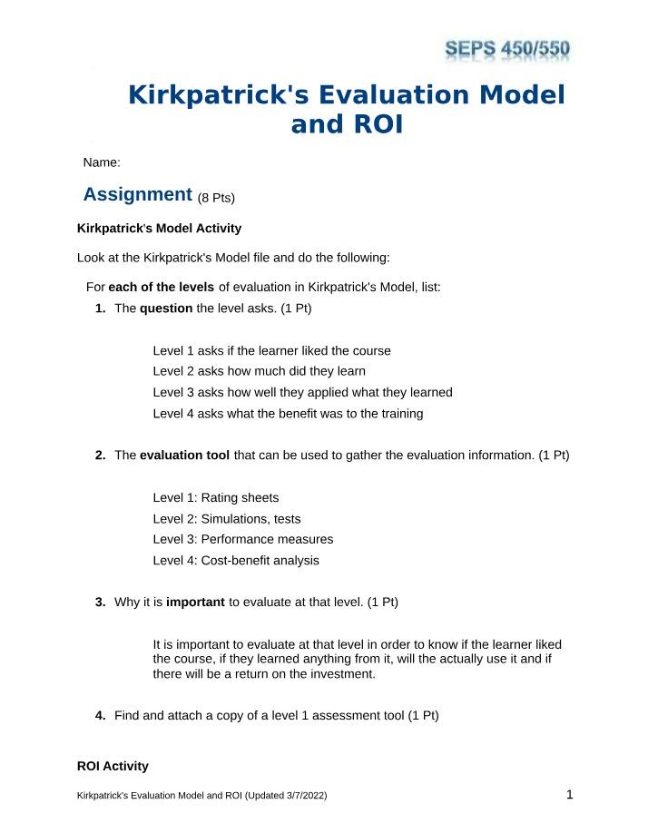 Assignment on Kirkpatrick's Evaluation Model and ROI