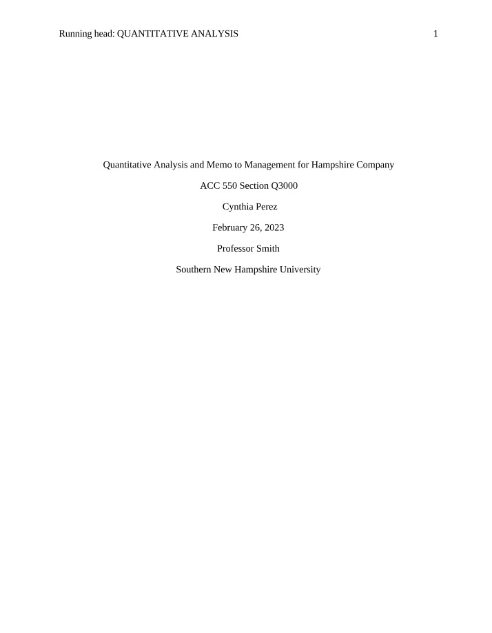 Hampshire Company Memo to Management - Quantitative Analysis