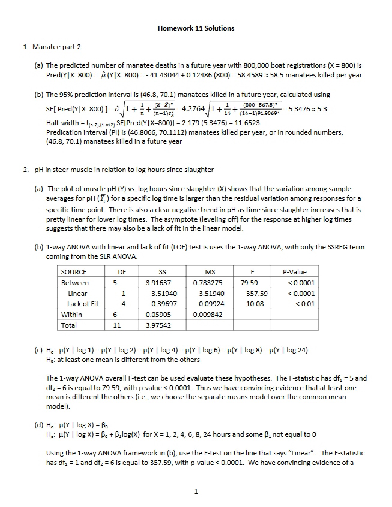 Answer Key for the Eleventh Homework in Statistical Methods
