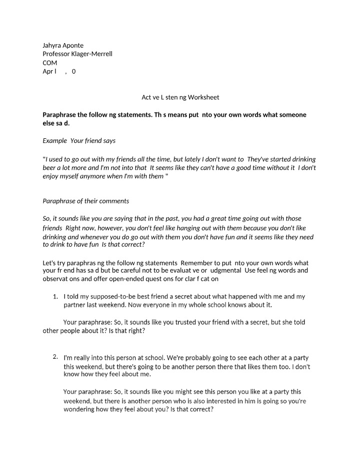 Worksheet on Active Listening and Paraphrasing