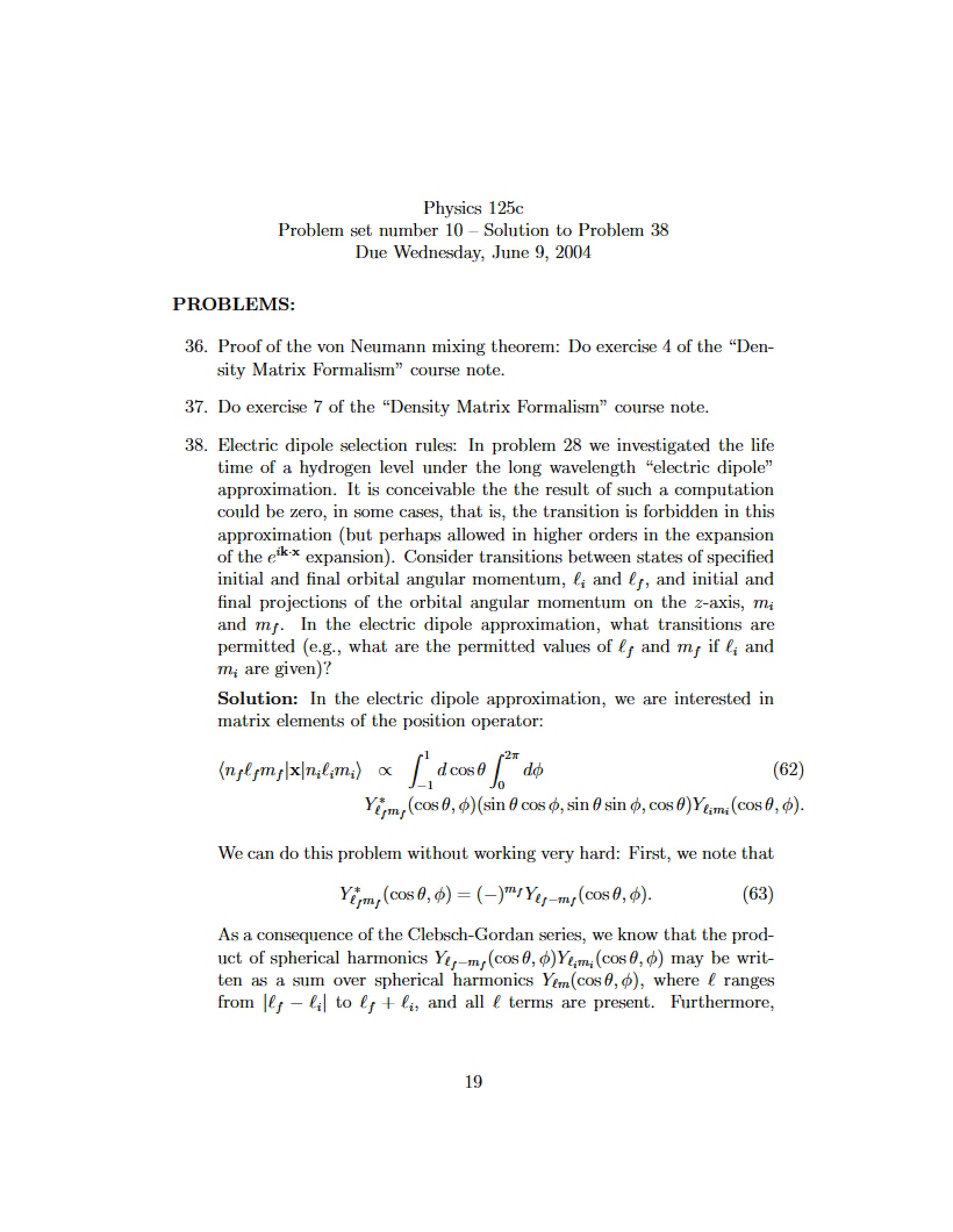 Tenth Problem Set