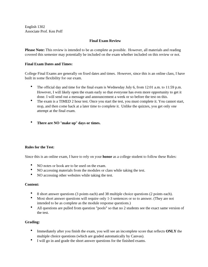 English 1302 Final Exam - Review Tips and Content